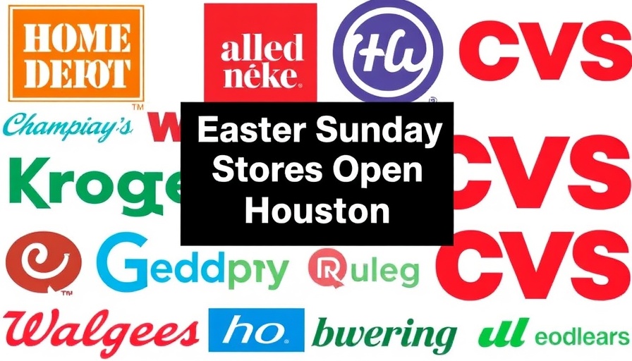 Easter Sunday Stores Open Houston graphic with retail logos.