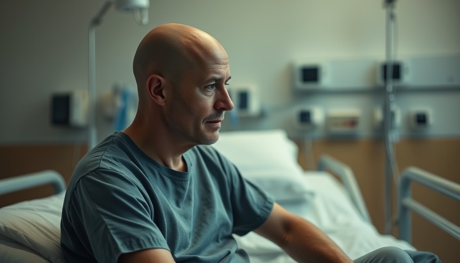 Contemplative bald patient in hospital gown, seated on bed.