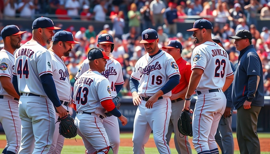 MLB injury update scene with baseball players and staff on field.