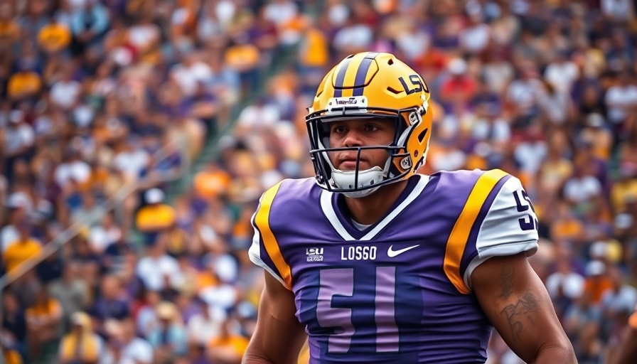 LSU player on the field during a game, focused and determined.