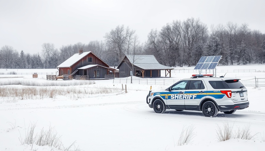 US news today: Sheriff's vehicle and solar panels in snowy landscape.