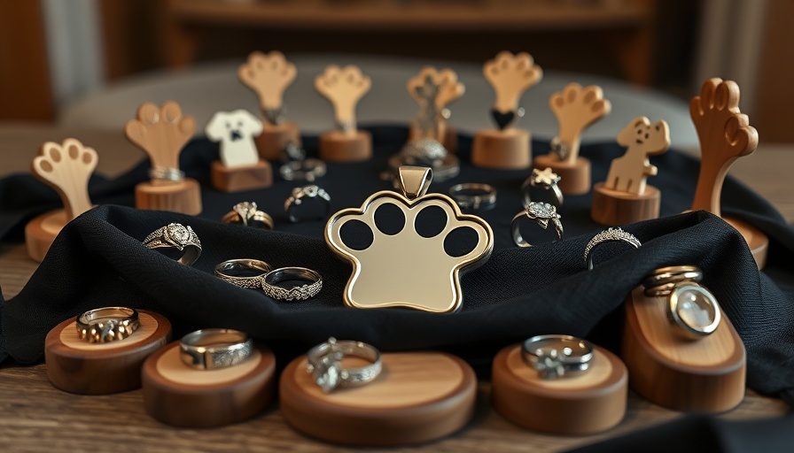 Pet memorial jewelry including rings and pendant displayed on fabric.