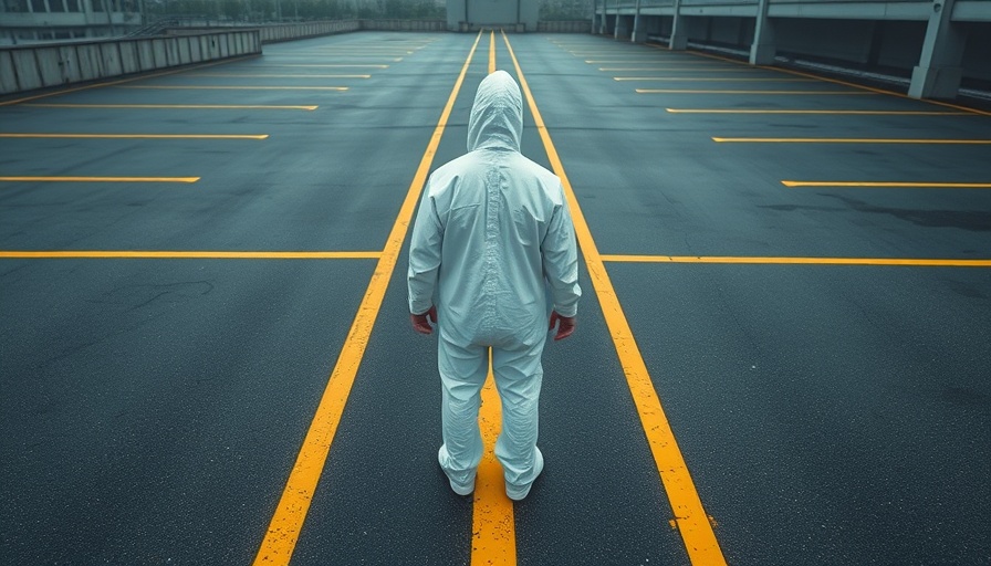 Person in hazmat suit on gridded parking lot, symbolizing pandemic response.