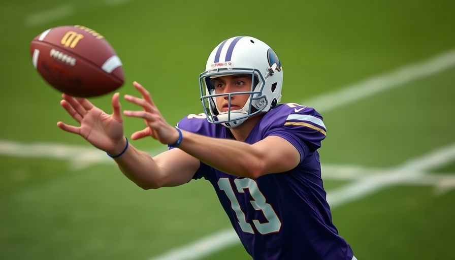 NFL draft hopeful in purple jersey reaching for football.