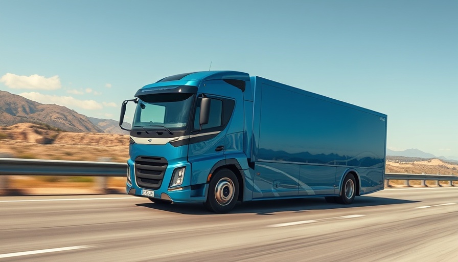 Futuristic self-driving truck on highway under clear skies.