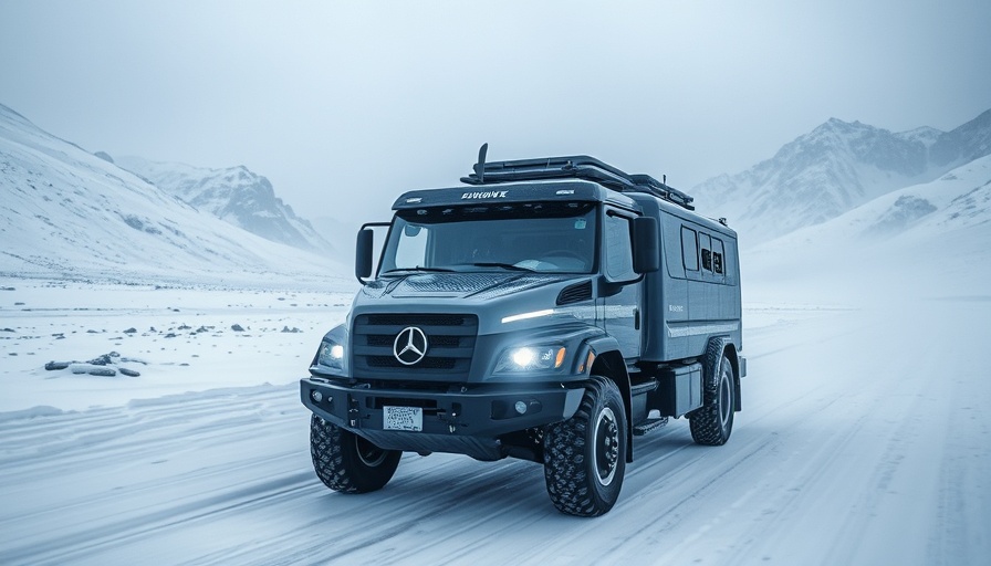 Self-driving truck for harsh weather in snowstorm, advanced tech.