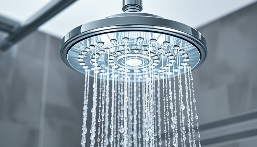 Modern chrome showerhead with water flowing in a sleek bathroom.