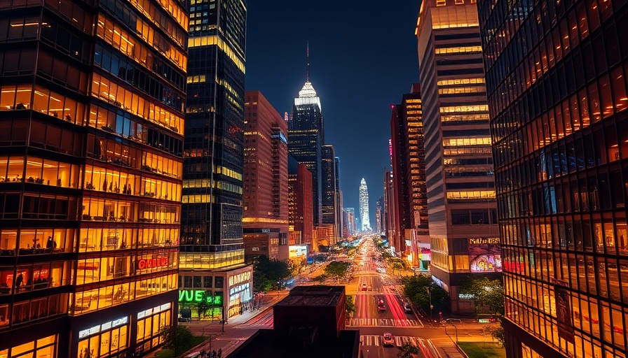 Night view of Houston business district with illuminated buildings.