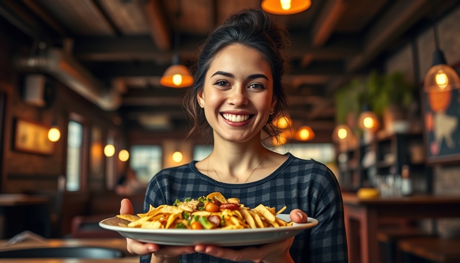 Smiling woman in San Antonio restaurant, holding a dish.