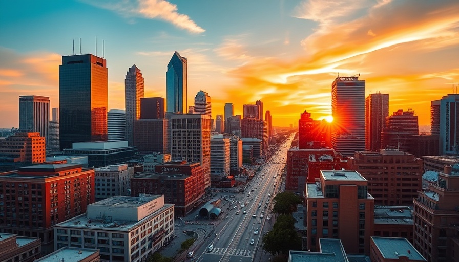 Dallas cityscape at sunset highlighting vibrant urban life.