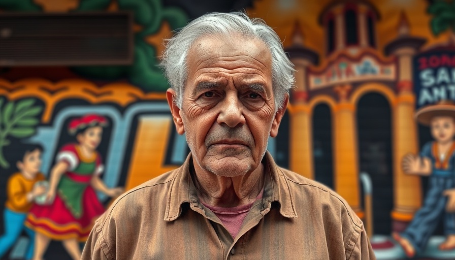Older man stands before a San Antonio cultural mural.