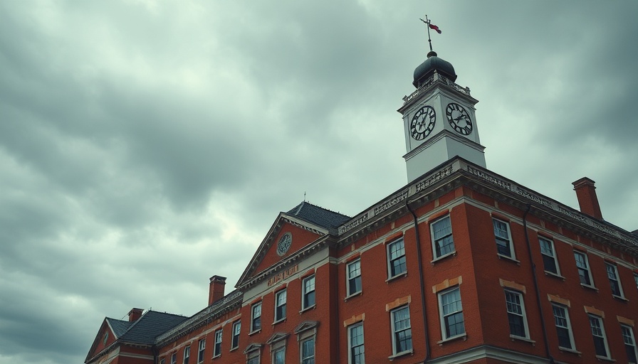 Harvard building with red clock tower under cloudy sky.
