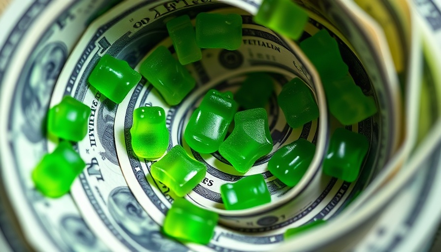 Green gummies swirling over dollar bills, symbolizing investment.