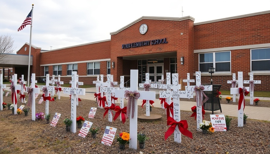 Solemn memorial at Robb Elementary School with crosses and flowers.
