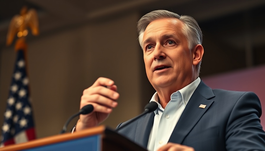 Confident man addressing audience on water curbs, American flag backdrop.