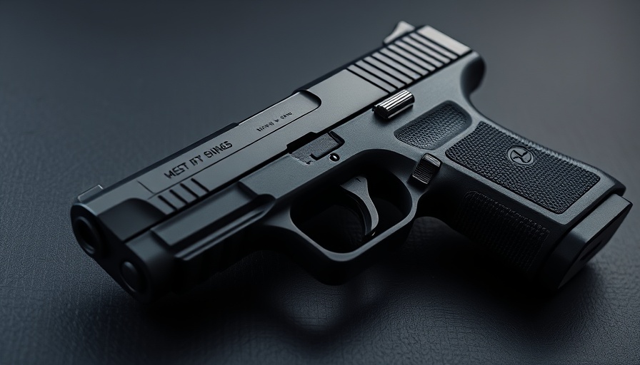 Close-up of modern black handgun with detailed textures.