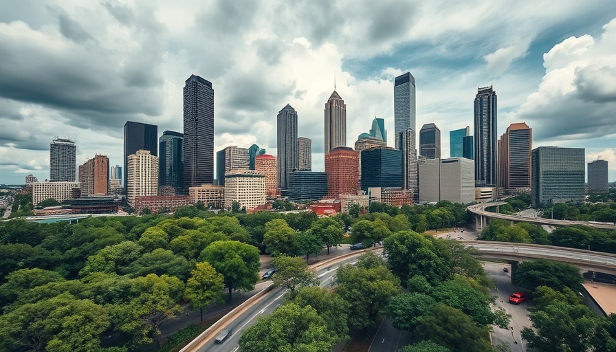 Houston skyline with freeway and greenery, urban landscape.