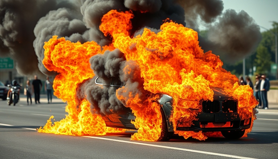 Black car on fire during Houston incident.
