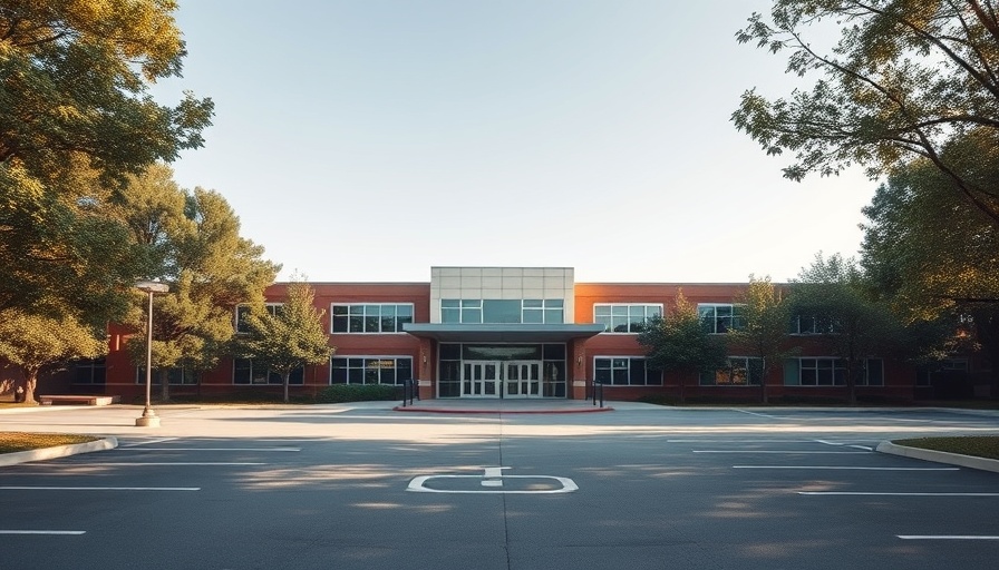 Lewisville ISD facility closed on Friday, showing clear skies and trees.