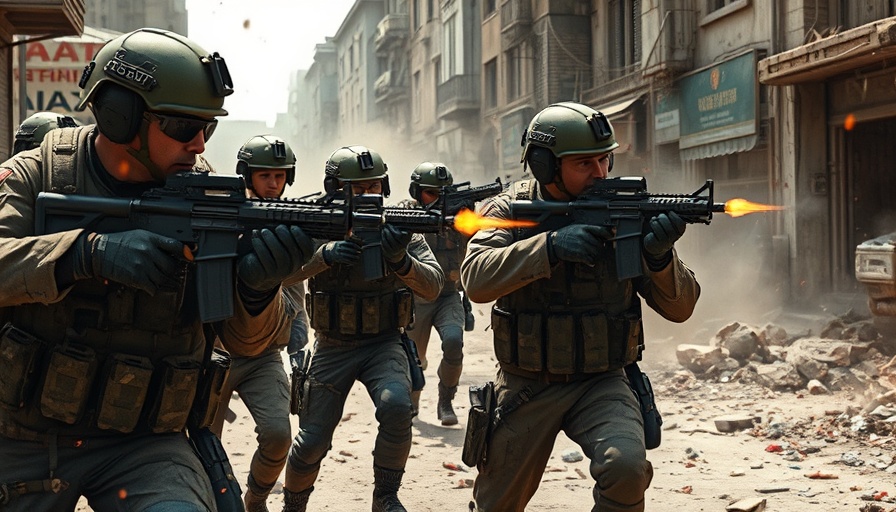Intense warfare scene with soldiers in urban combat, warfare movie review.