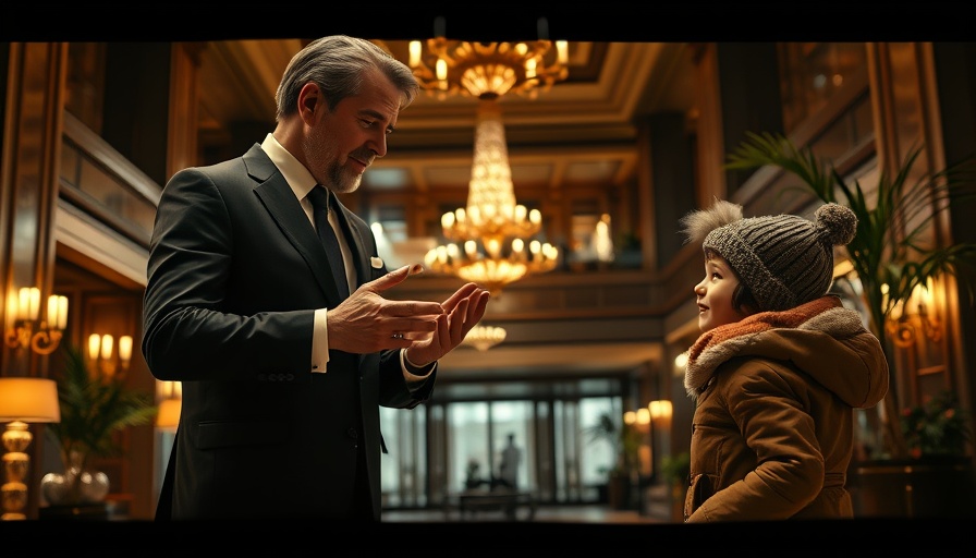 Opulent hotel scene with gesturing man and child in winter clothes.