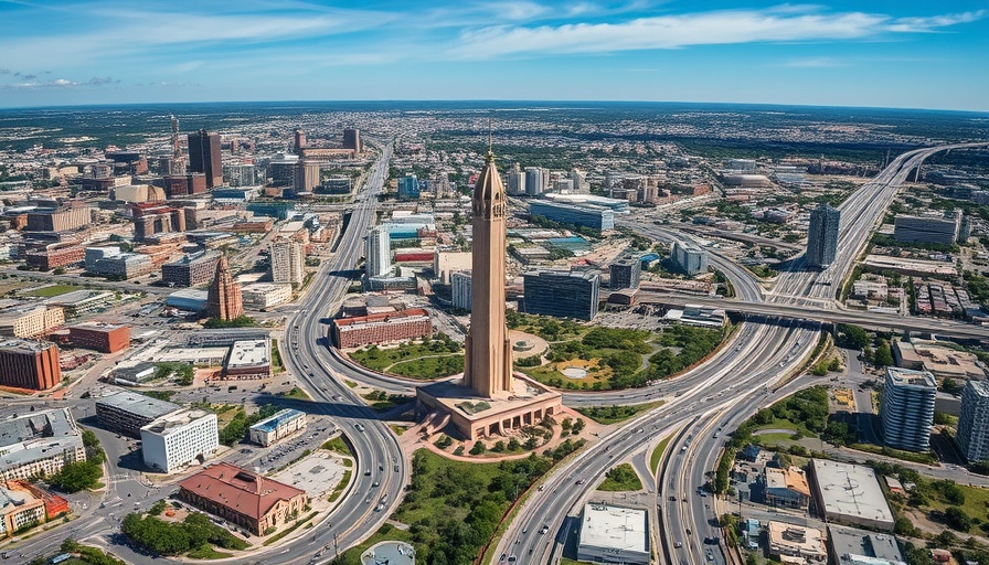 San Antonio skyline with Tower of the Americas, highways, san antonio breaking news.