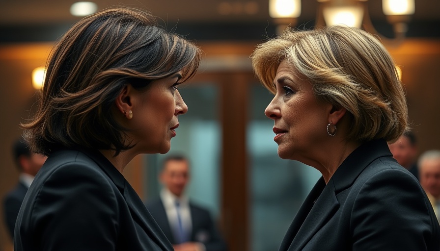 Political discussion between two women highlighting ethics issues.