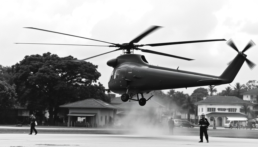 Vietnam War era helicopter landing in historical black and white photo.