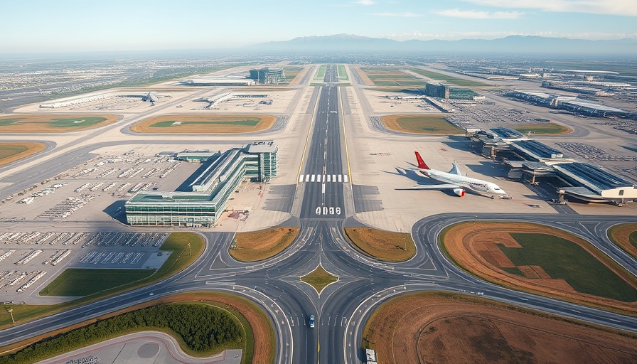 Sprawling airport view with terminal and runway.