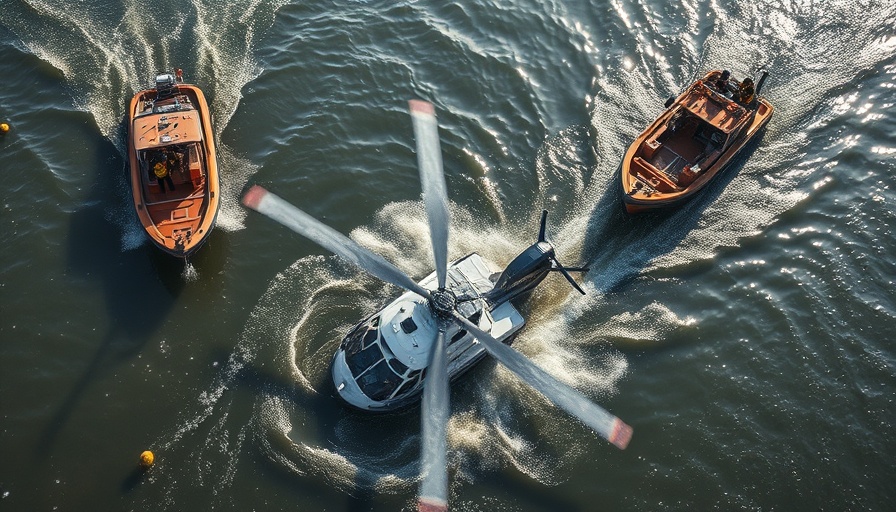 Aerial view of Hudson River helicopter crash with rescue boats.