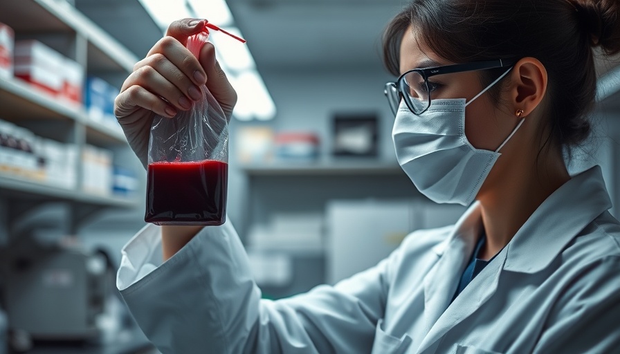 Technician analyzing blood bag in lab, climate change blood supply