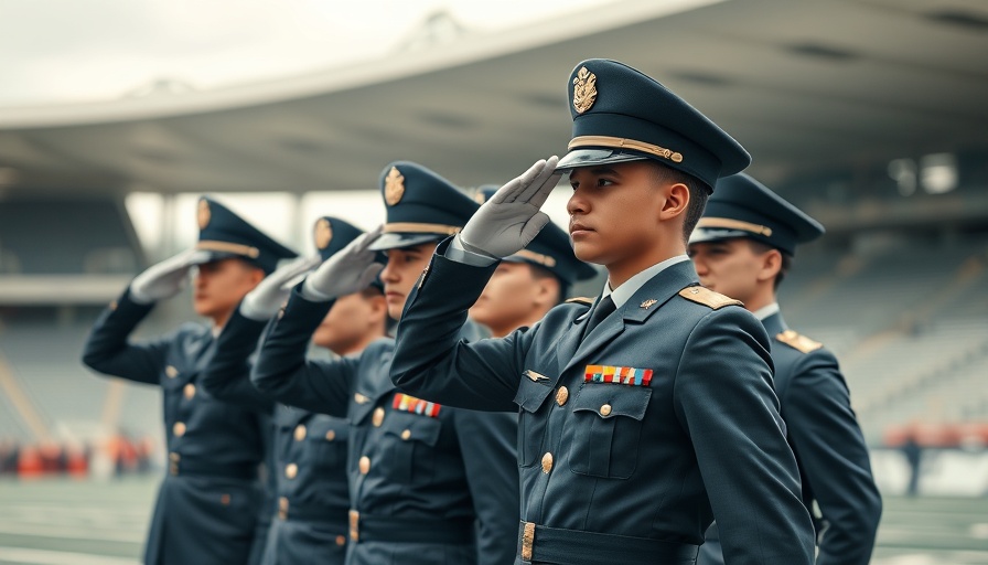Cadets in formation saluting during a military ceremony.