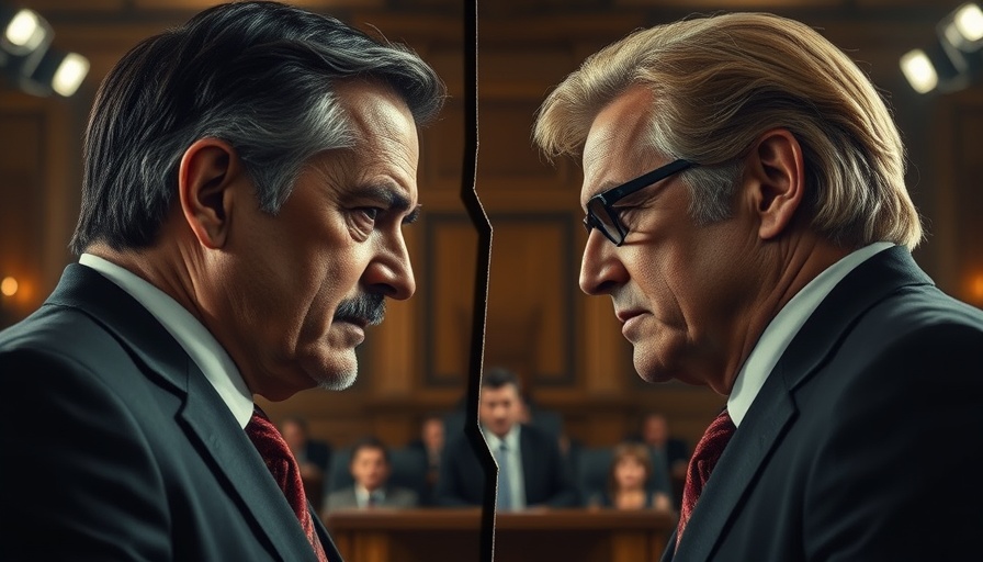 Split image of two prominent figures facing off in a tense setting.