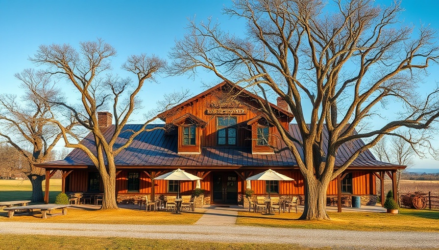 Rustic Charleston Taylor Estate Winery building with patio under a blue sky