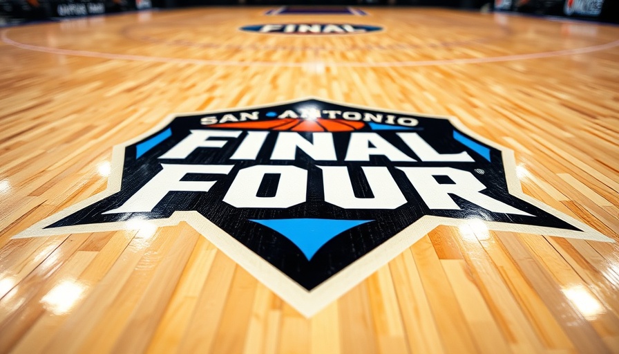 San Antonio Final Four logo on vibrant basketball court.