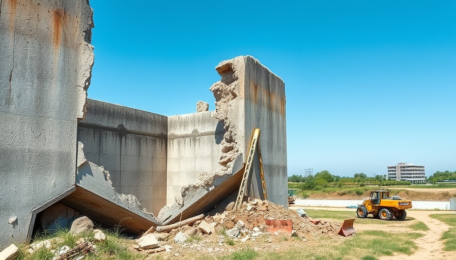 Crumbling structure with construction machinery at Hemisfair site.