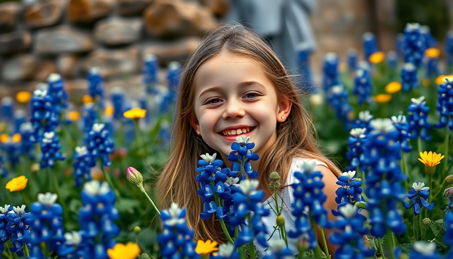 Charming young girl in a vibrant bluebonnet field in San Antonio, smiling.