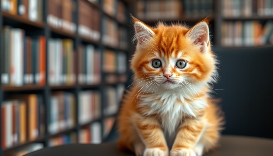 Fluffy kitten sitting on chair in library with curious expression.