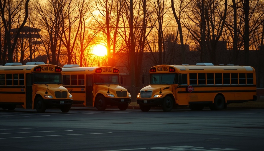 Yellow school buses parked in lot at sunset.