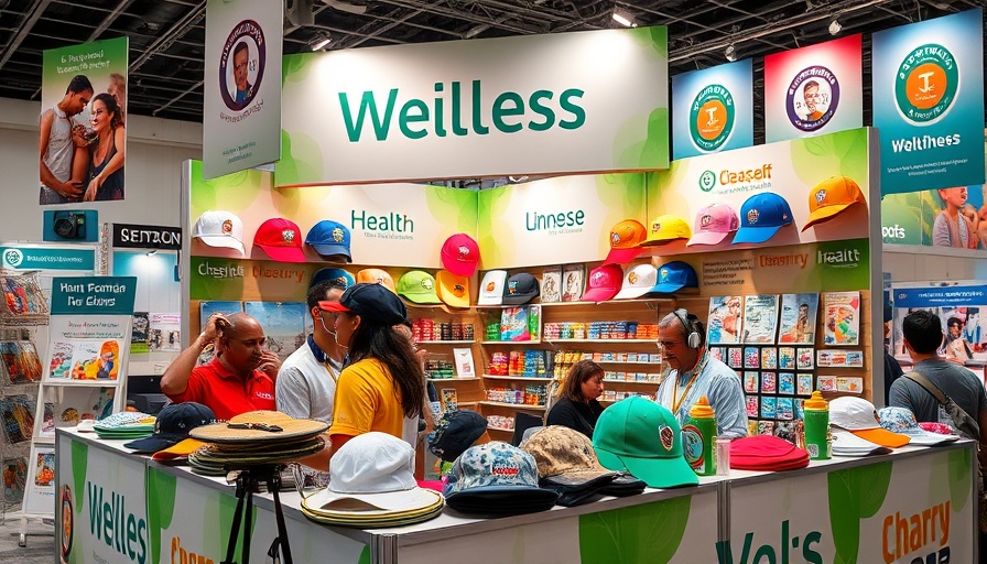 Colorful health-themed promotional booth with hats, highlighting health and wellness.