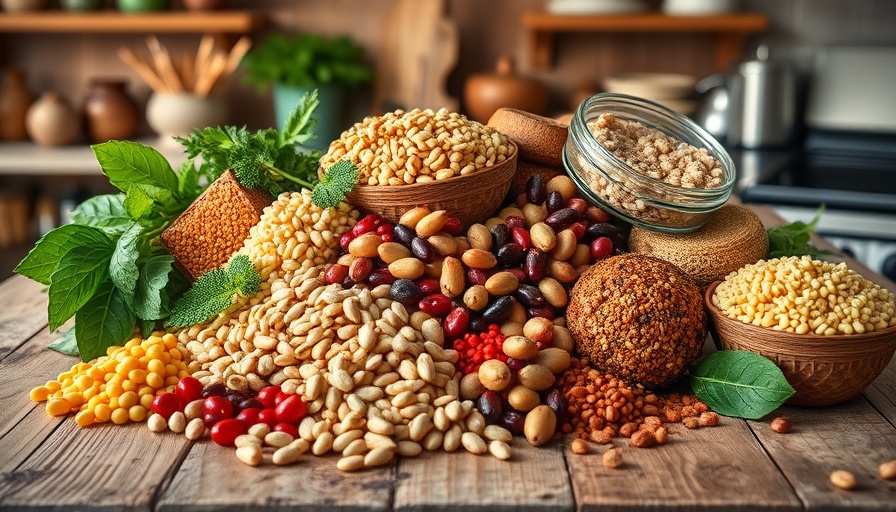 Assorted plant-based proteins displayed in bowls, promoting longevity.