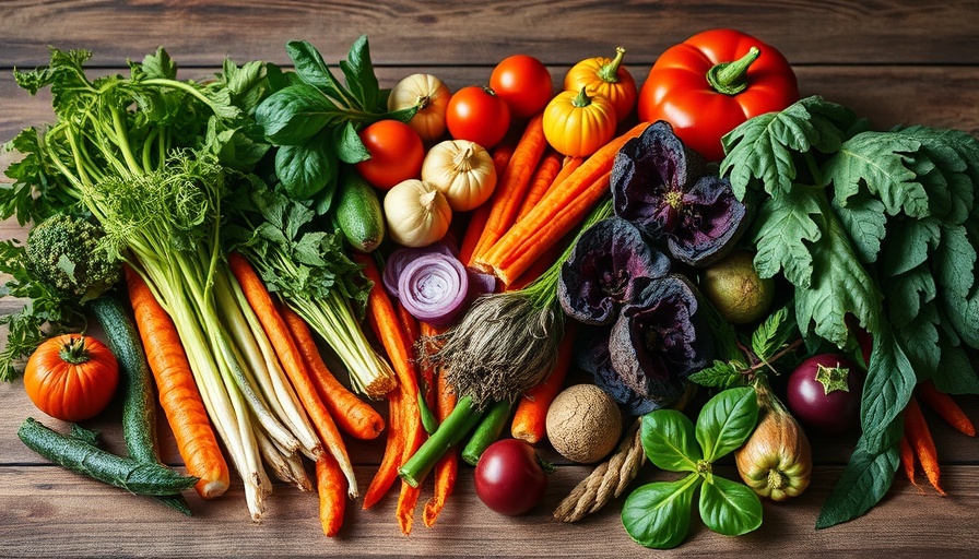 Colorful plant-based foods impact of processing highlighted on wooden table.