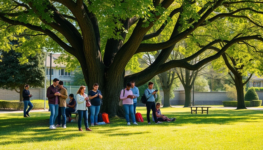 People in a park using phones, highlighting gun laws in America context.