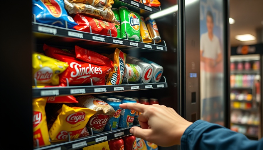 Vending machine with snacks, hand selecting; focus on food additives to remove from diet.