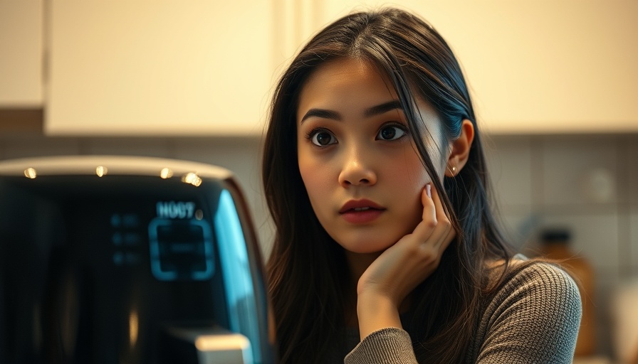 Young woman contemplating the downsides of using an air fryer in a kitchen.