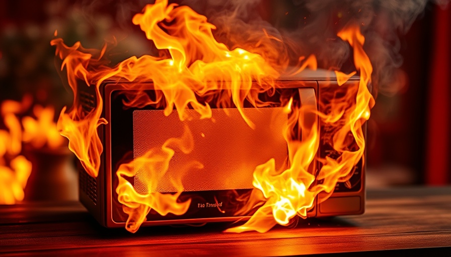 Blazing microwave emitting smoke and fire, health and wellness caution.