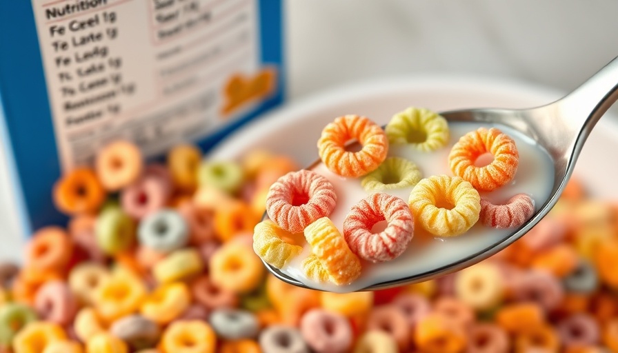 Colorful sugar-loaded cereals with nutrition label in view.
