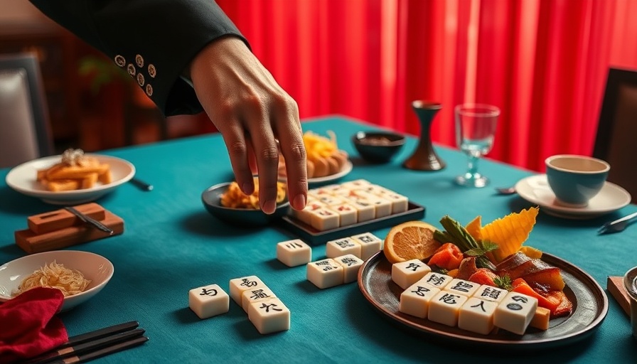 Dallas Mahjong Events chic dining scene with Mahjong tiles and food