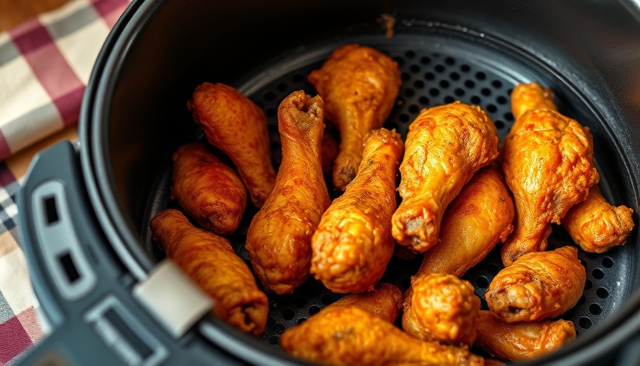 Golden air fried chicken wings in an open air fryer basket on kitchen counter.