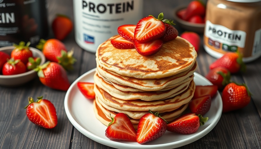Strawberry Vanilla Protein Pancakes with fresh strawberries and protein powder on a wooden table.